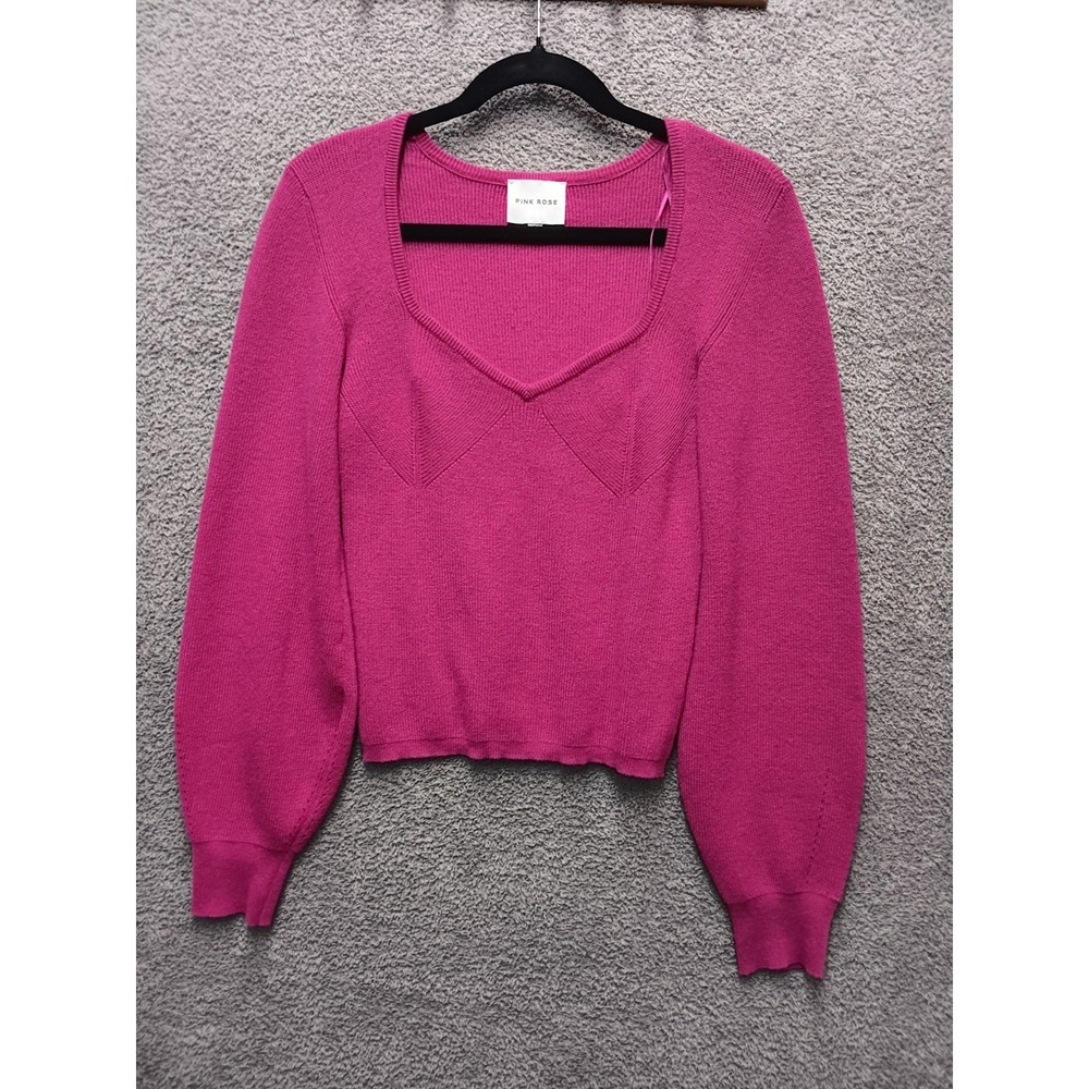 Pink Rose Womens Babydoll Sweater L Pink Y2K-inspired Soft Knit Long Sleeve Top